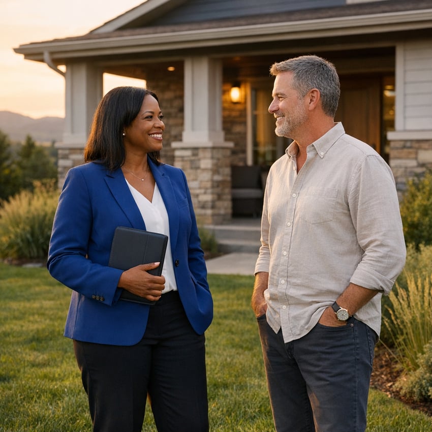 Suburban Home at Golden Hour with Real Estate Agent and Seller